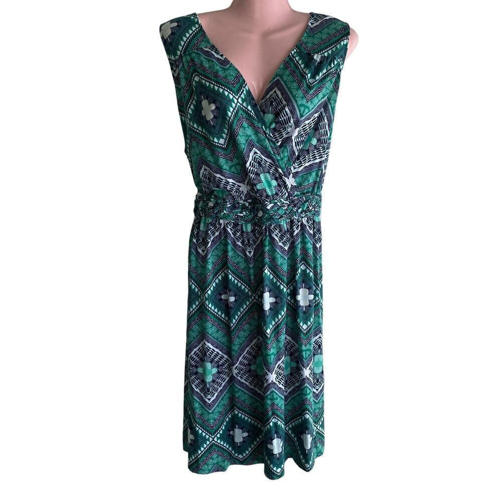 Faded Glory Dress Womens 2X Green Black White Sleeveless Geometric Braided Waist
